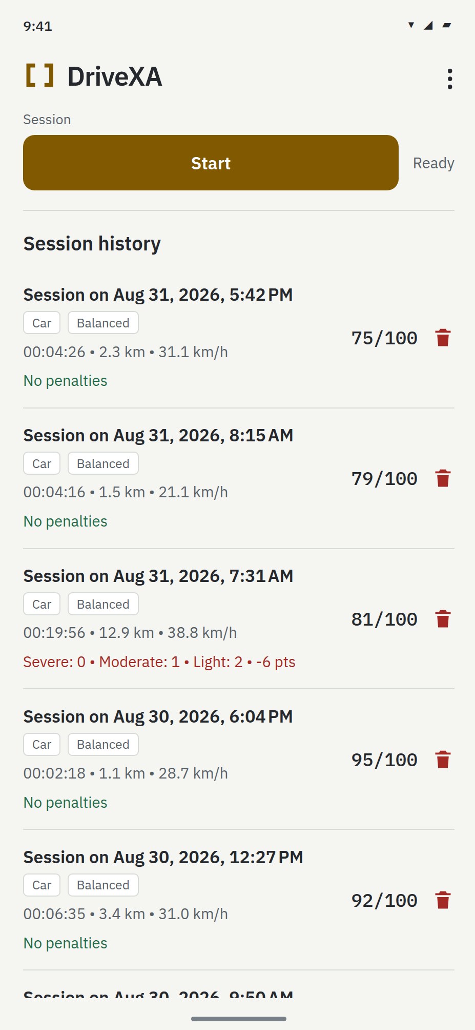 DriveXA trip history screen