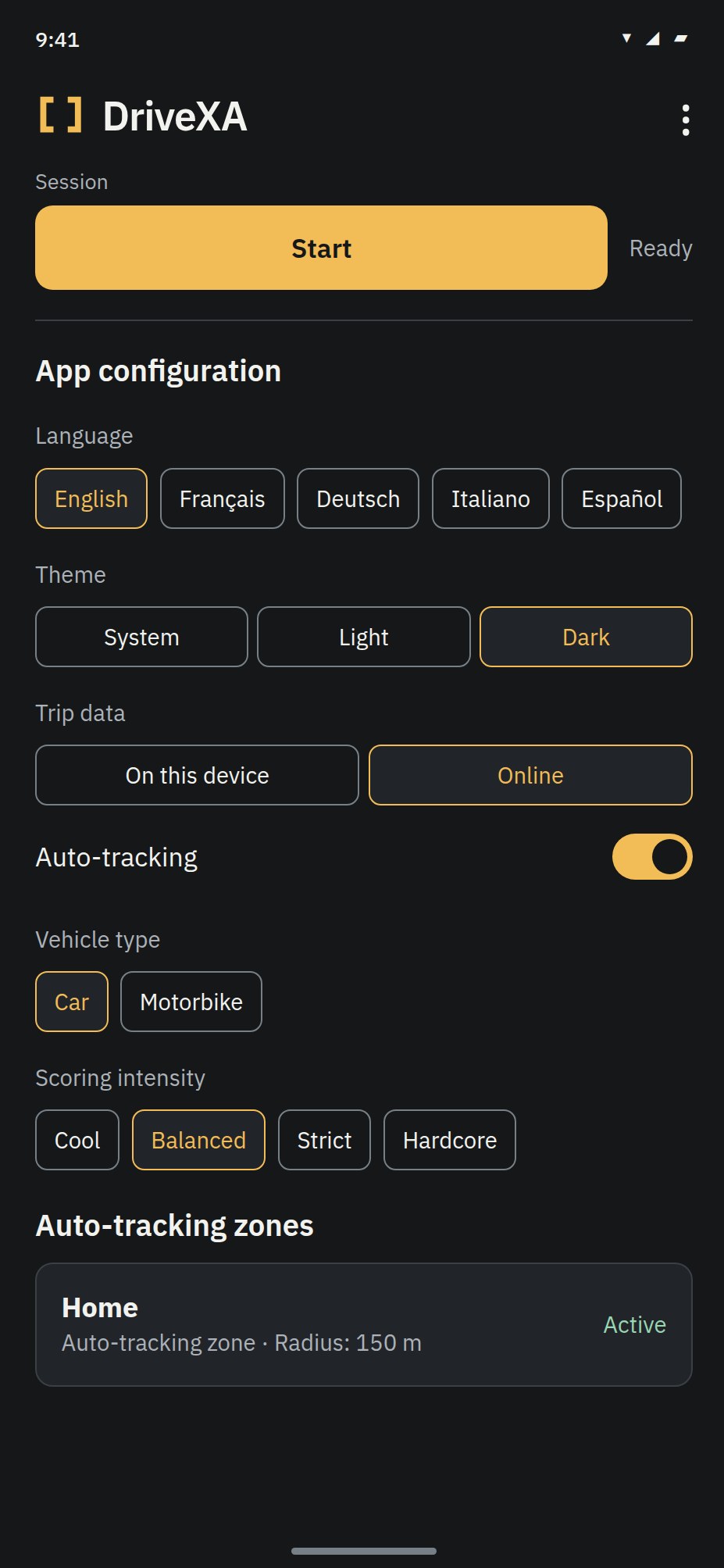DriveXA settings screen