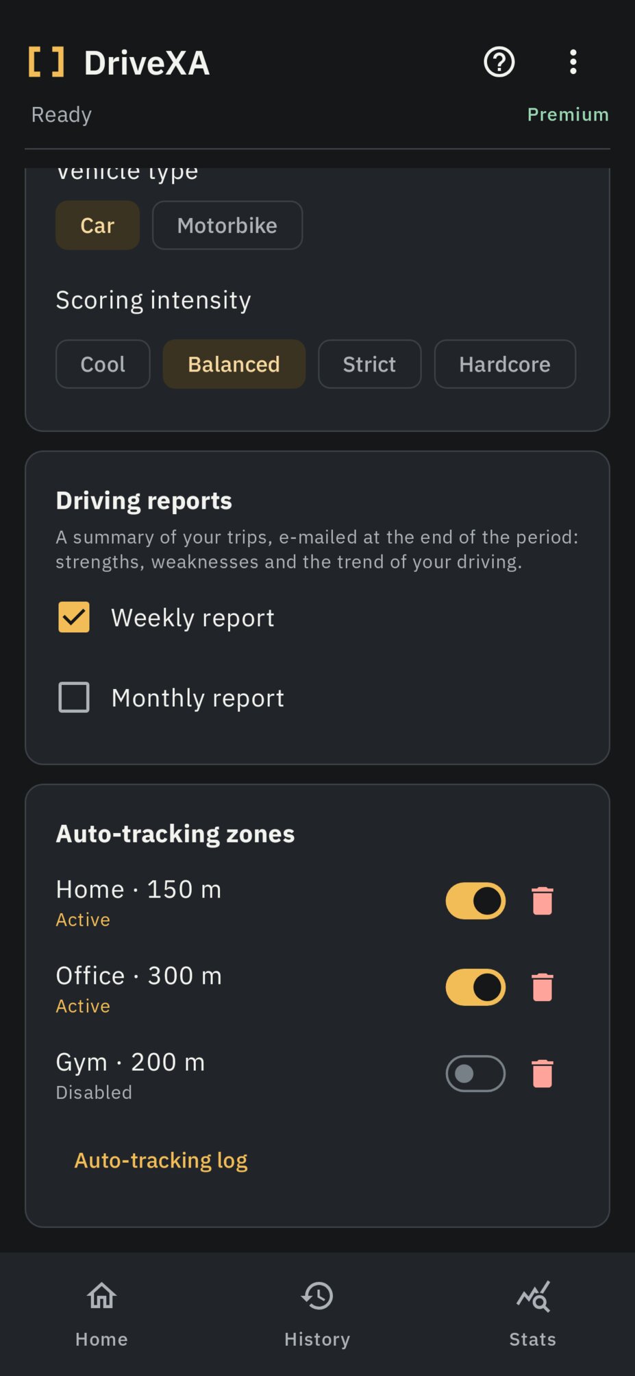 DriveXA auto-tracking start zones screen