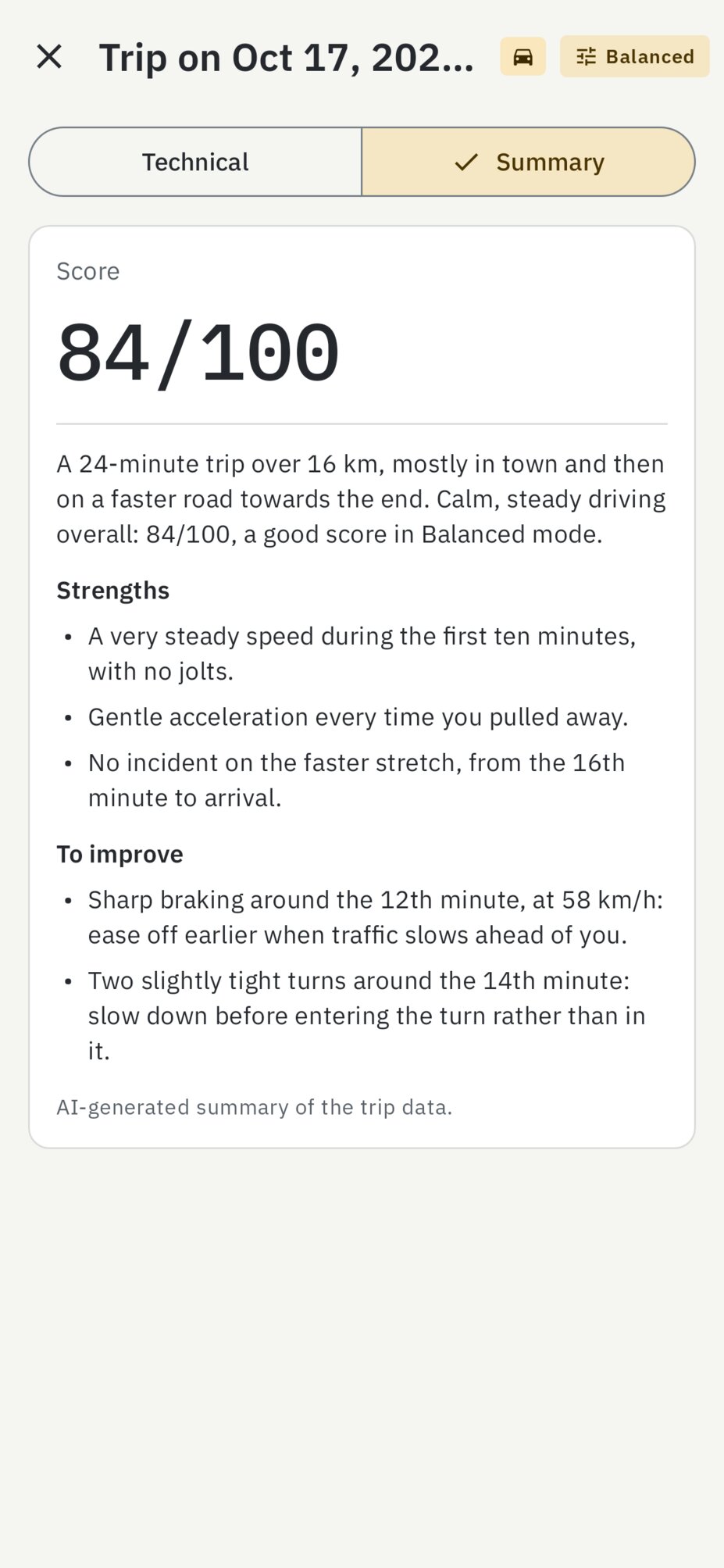 DriveXA AI trip summary screen