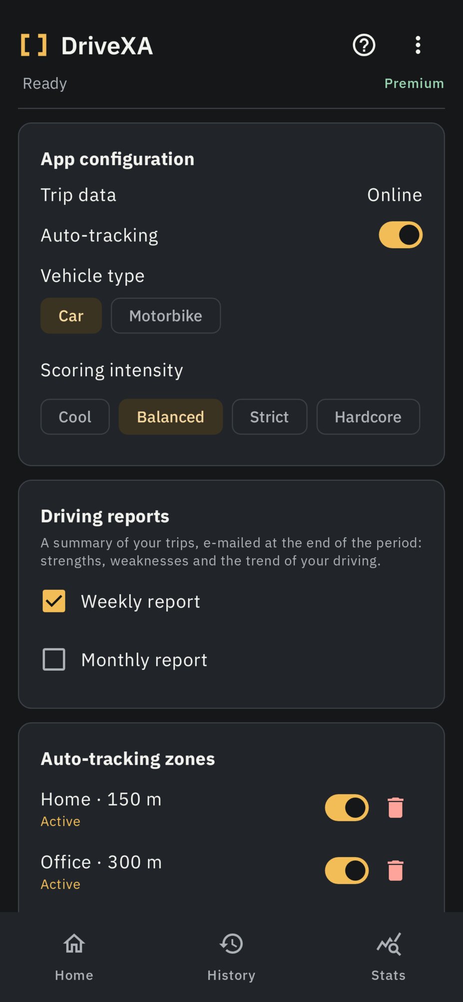 DriveXA weekly report settings screen